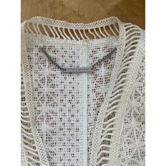 Elie Tahari Cream White Crochet look Darlene Vest M, Sleeveless Duster Open Knit - Picture 9 of 15